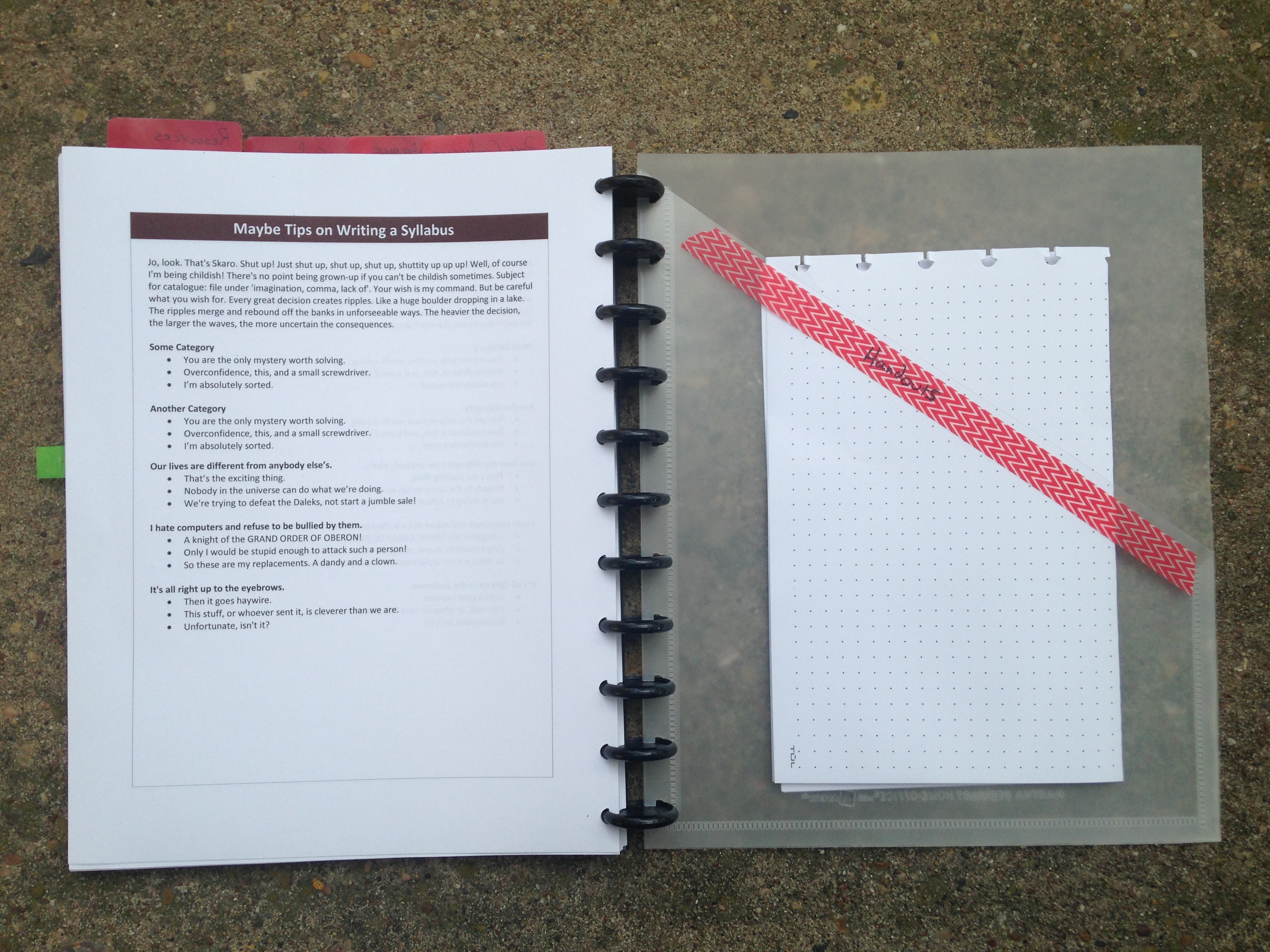 The back of the journal contained a nice, large pocket for storing conference handouts. I added a piece of wash tape labeled "Handouts." The proposed tips page on syllabus writing uses placeholder text.