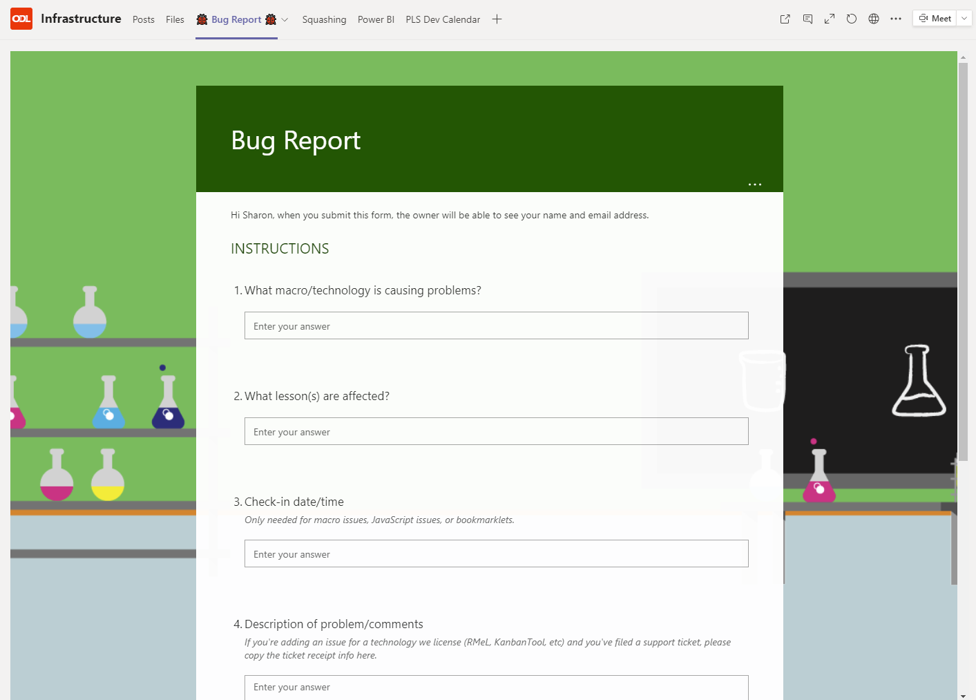 A Bug Report designed in Microsoft Forms with questions like "What macro/technology is causing problems?" and "What lesson(s) are affected?"