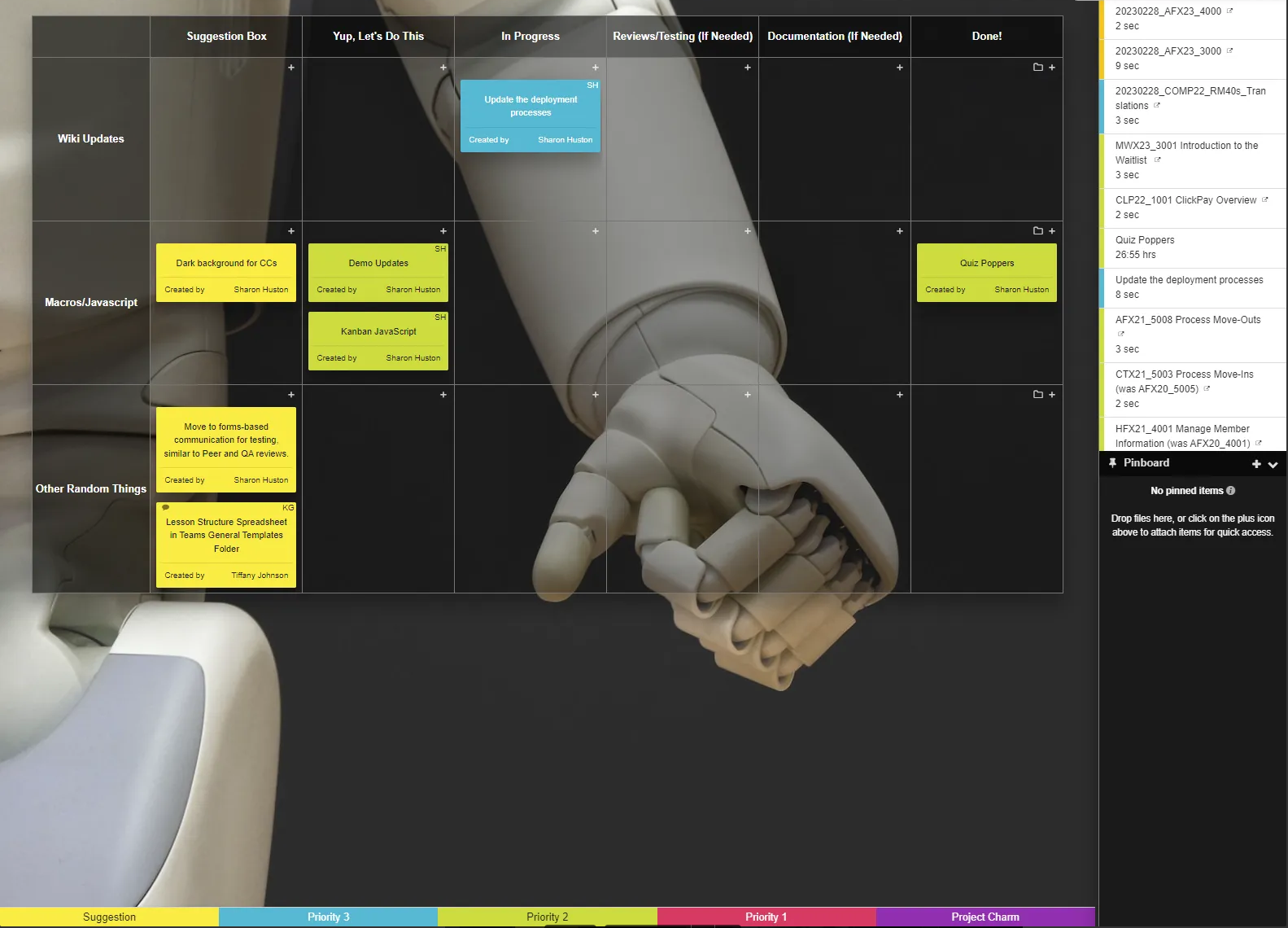 A Kanban board with a decorative robotic background.